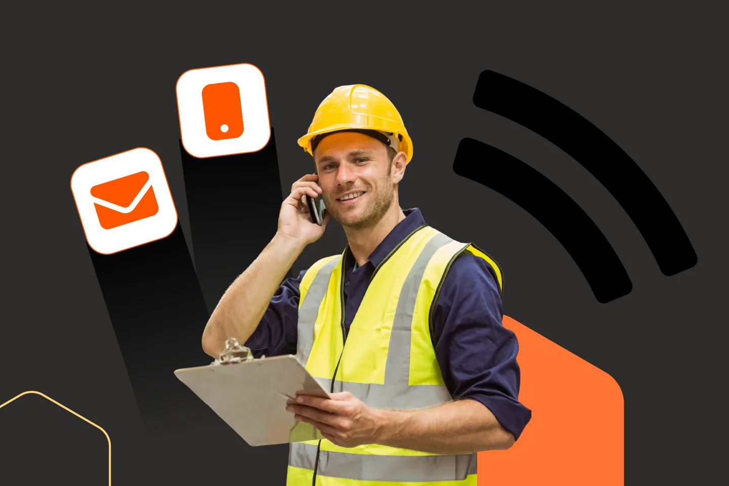 A worker in a hard hat and hi-vis taking a call, with floating contact icons