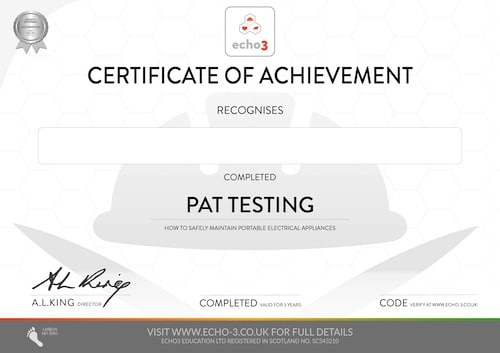 PAT TESTING COURSE CERTIFICATE